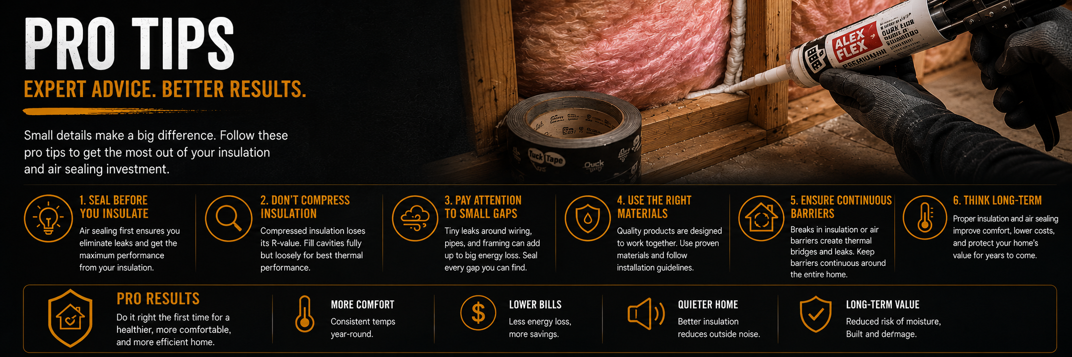 Educational infographic sharing professional insulation and air sealing tips, including sealing air leaks before insulating, avoiding compressed insulation, maintaining ventilation, and improving long-term energy efficiency.