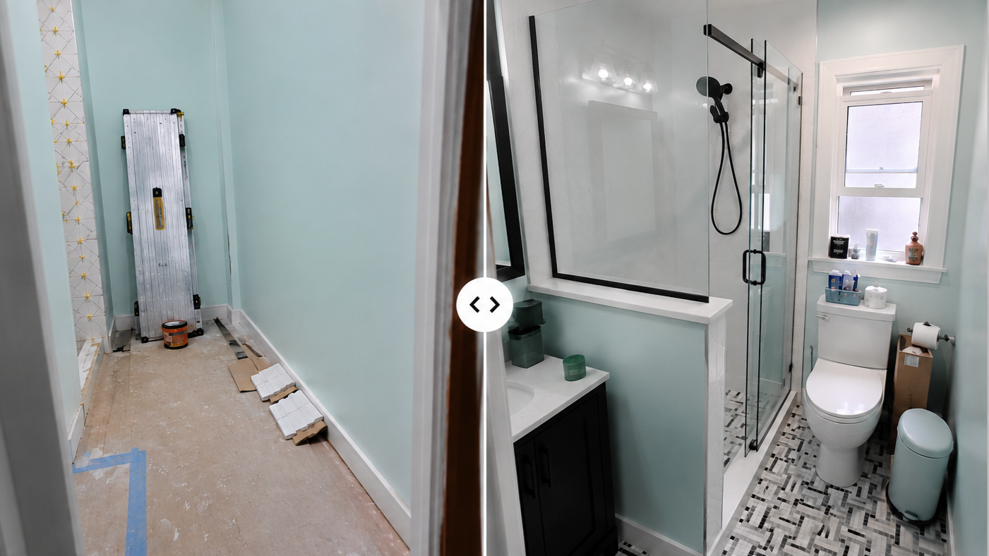Bathroom Remodel featuring new vanity and fixtures, mosaic tile floor, herrrinbone shower tile and glass shower enclosure