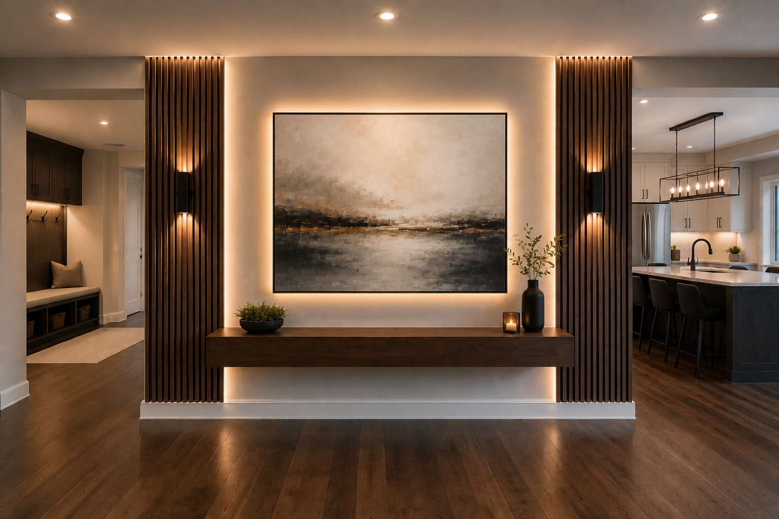 image is a representation of a feature wall between kitchen and living room displaying black walnut slatboard, floating live edge walnut shelf, hidden backlighting and designer sconce lighting