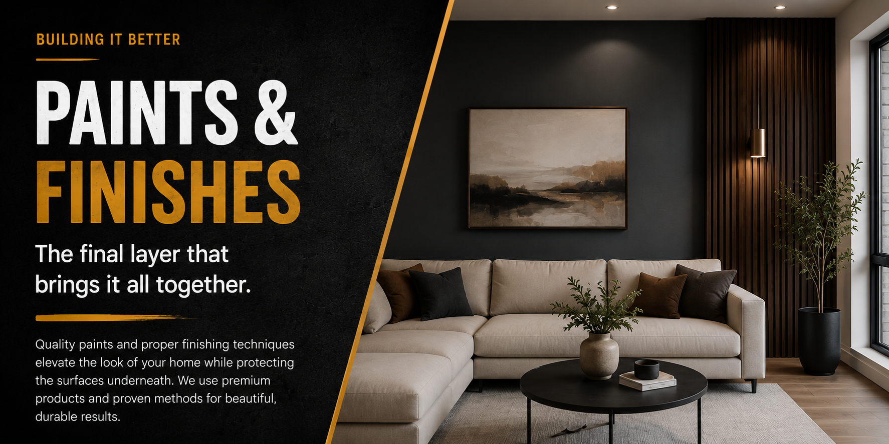 Modern living room showcasing professional interior painting and decorative finishes, representing quality primers, paints, and finishing techniques for durable, beautiful home renovations.
