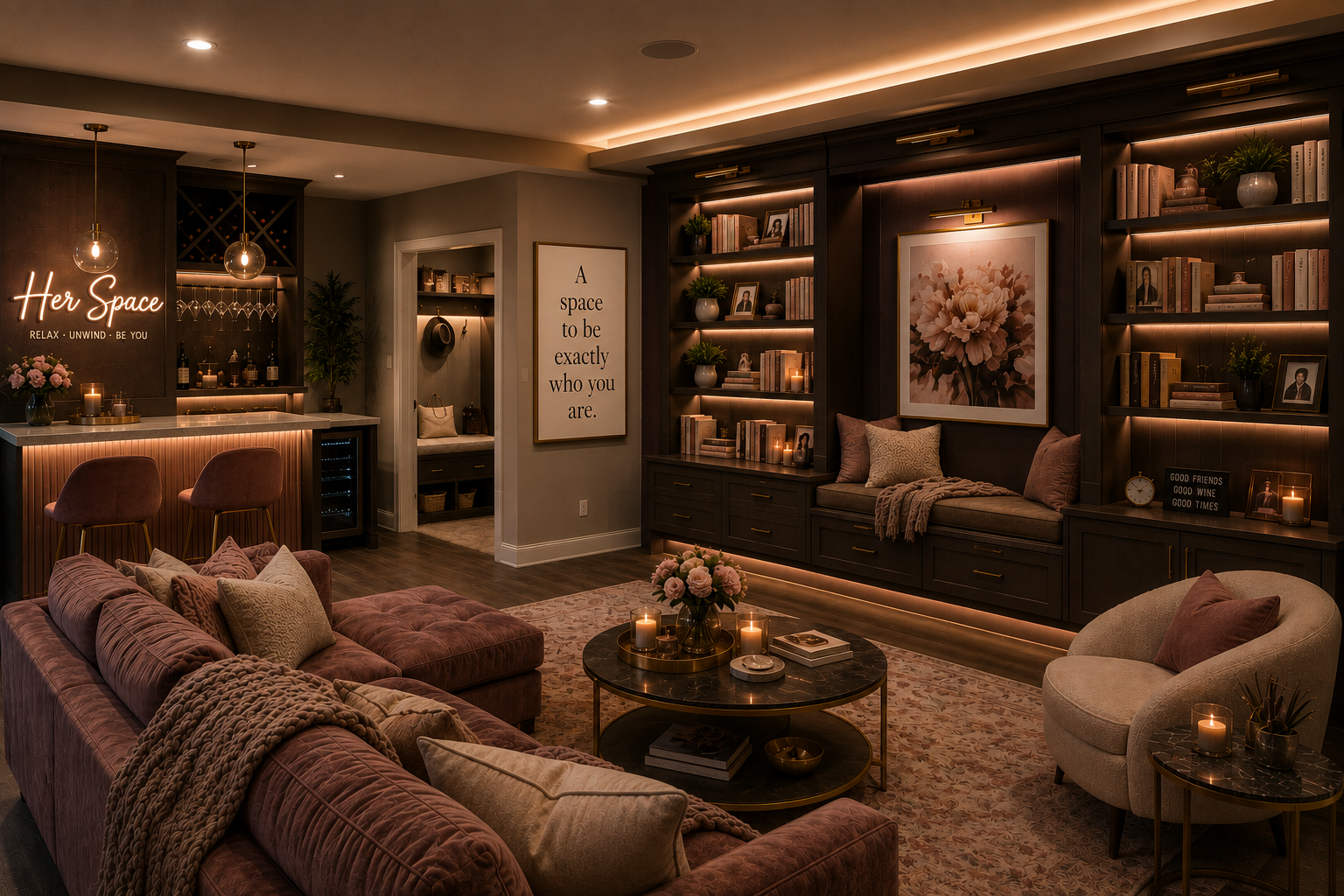 Image shows a possible layout of a cozy retreat space designed with a feminine touch.  Modern wetbar, custom cabinetry and bookshelves, comfy reading sofa and hidden backlights to create a warm and inviting ambience.