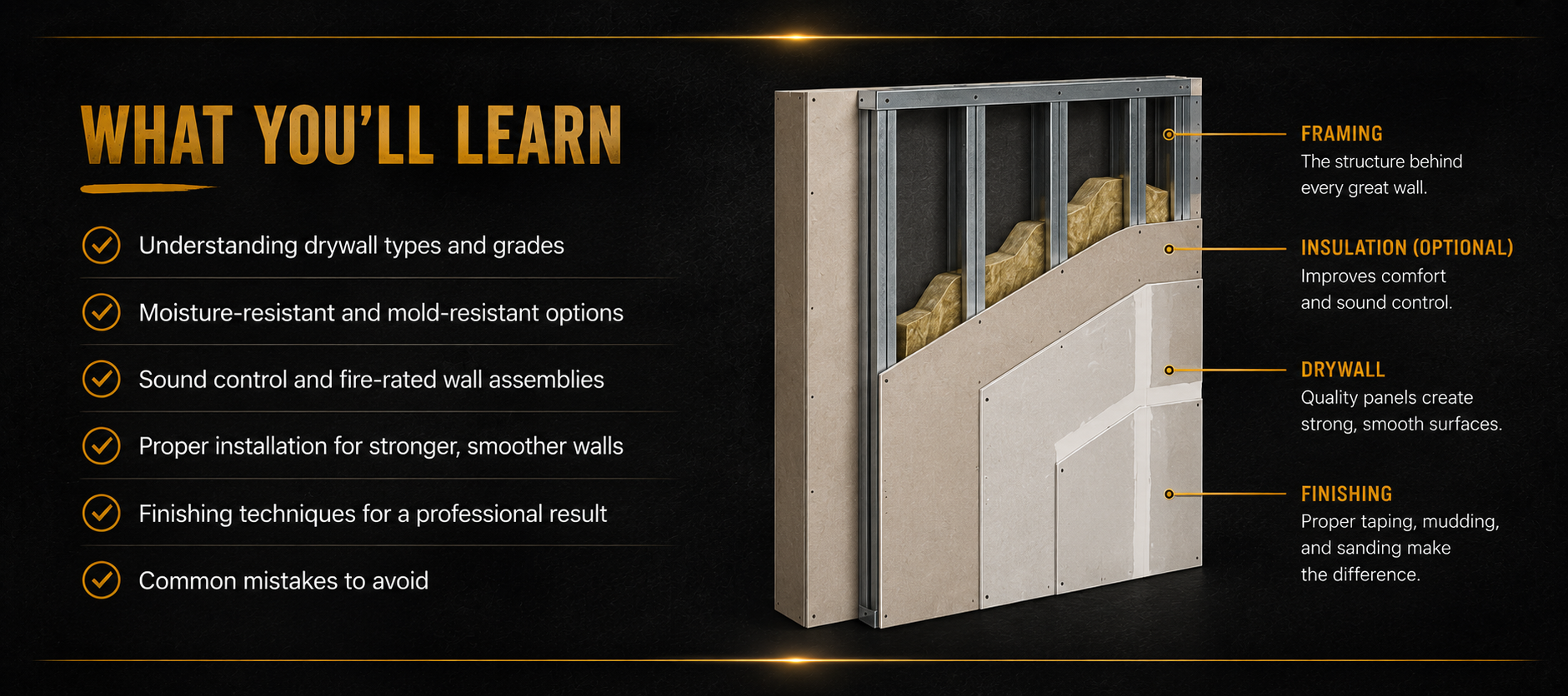 Educational infographic introducing the fundamentals of drywall and wall systems, including drywall types, wall assemblies, finishing techniques, moisture resistance, sound control, and fire protection.