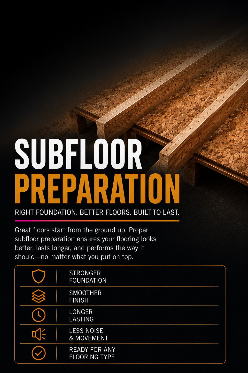 A promotional poster for subfloor preparation features an image of wooden subfloor panels with a focus on the textured wood surface, accompanied by text highlighting benefits like stronger foundation, smoother finish, longer lasting, less noise and movement, and readiness for any flooring type.