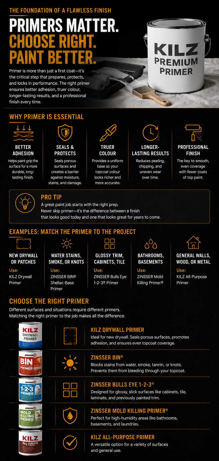 Educational infographic explaining why primers are essential for proper paint adhesion, stain blocking, moisture resistance, colour consistency, and long-lasting professional finishes.