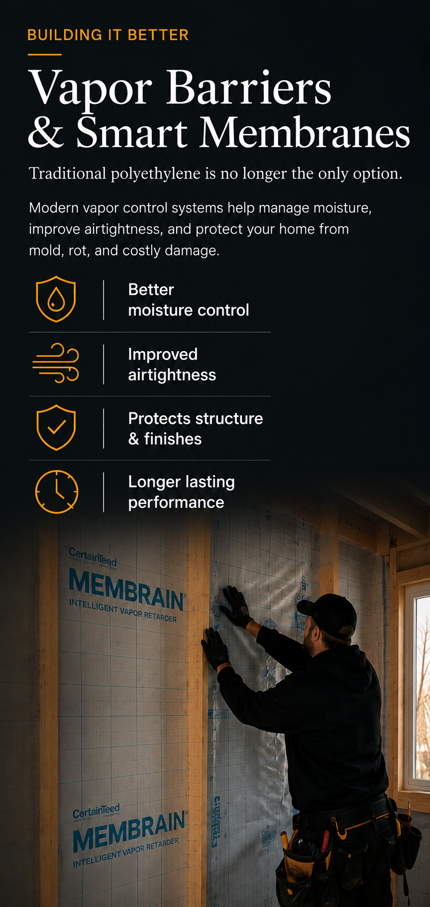 A worker installing vapor barrier insulation on interior wall studs in a construction site. The image shows a man in black clothing and gloves, with tools in his tool belt, attaching transparent vapor retarders labeled 'MEMBRAN.'