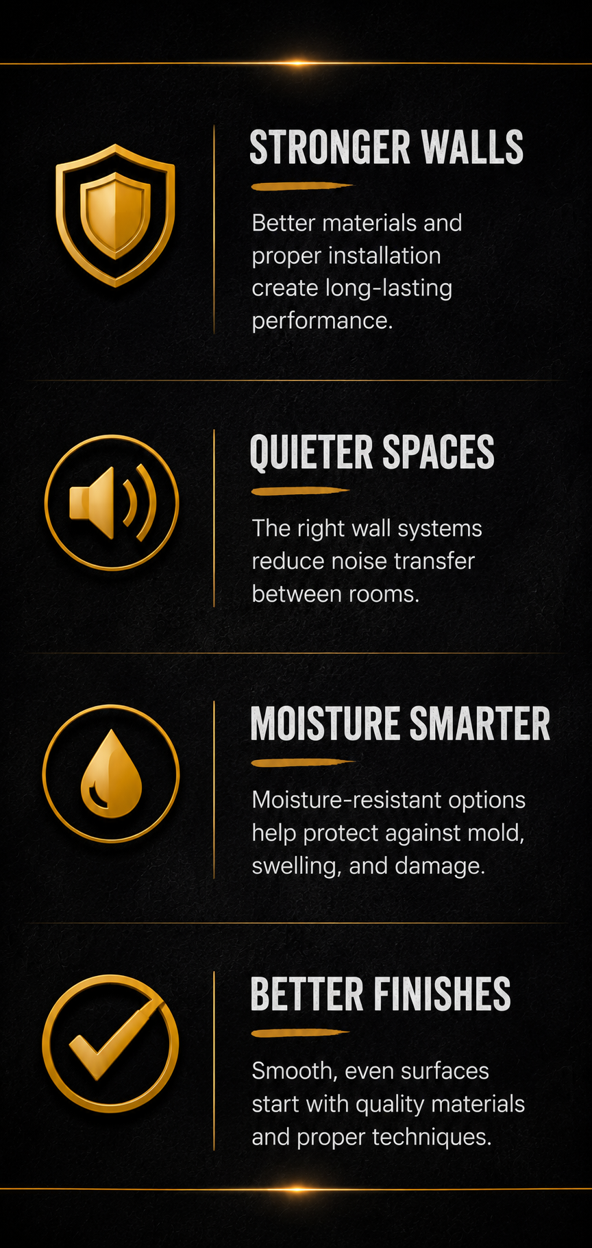 Educational infographic explaining how choosing the right drywall or Sheetrock® product improves moisture resistance, sound control, fire protection, durability, and the long-term performance of interior wall systems.