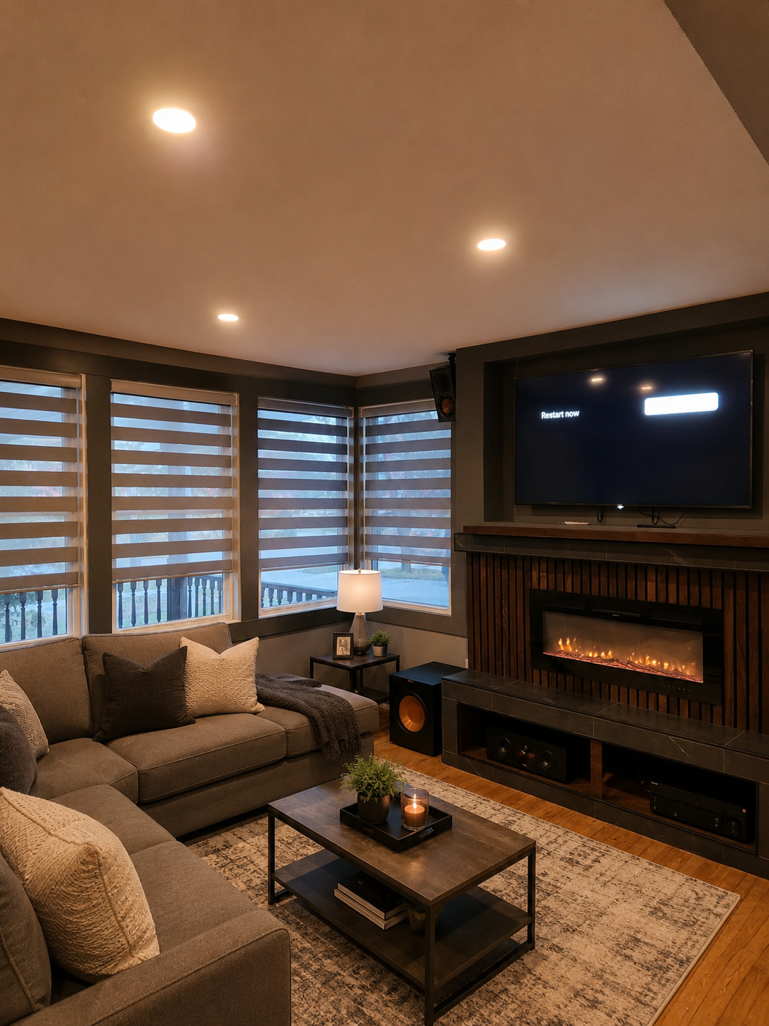 This image shows the completed renovation of a dated family space that was in poor condition, but now presents a warm, inviting and functional space.