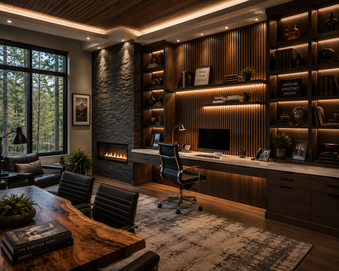 Image represents a luxury home office space that features walnut slatwood walls and ceiling, custom shelving, hidden file cabinets, floating desk and live-edge conference table.