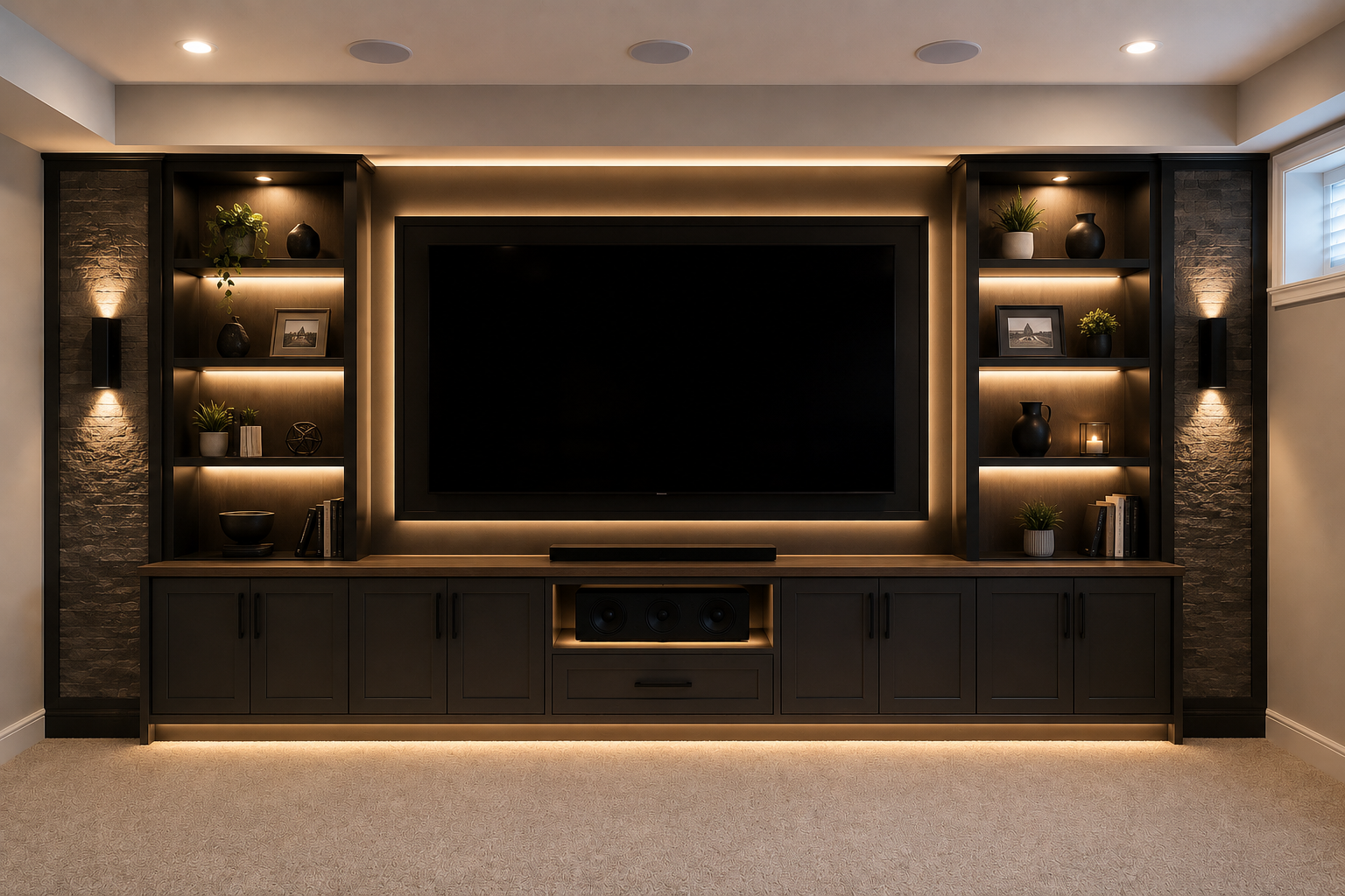 image shows completed entertainment center/wall unit with storage, custom cabinetry and lighting and stone tile