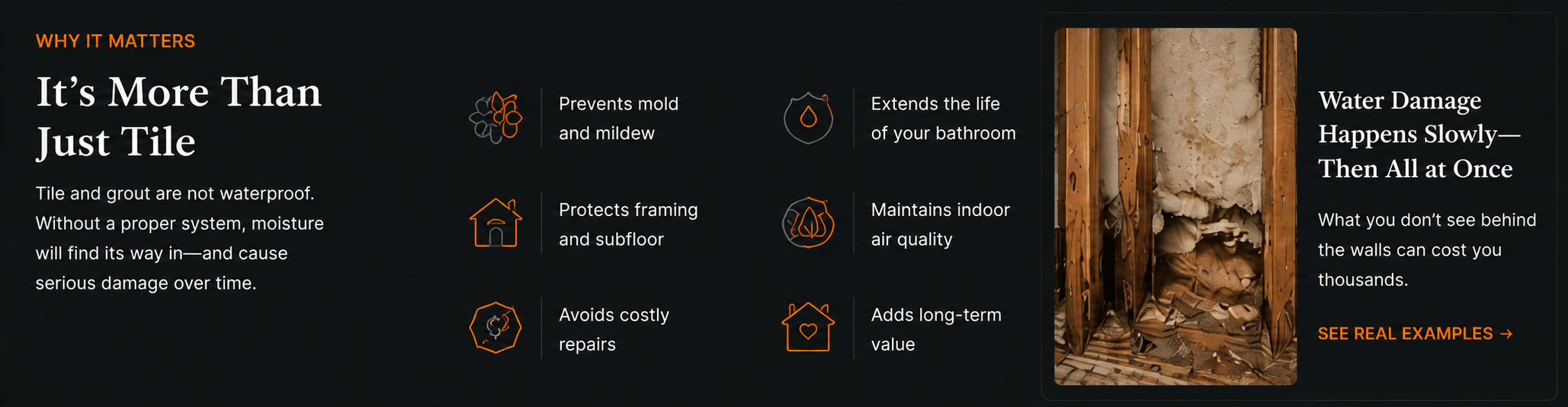 Illustration showing why proper bathroom waterproofing is essential for preventing leaks, mold, moisture damage, and costly structural repairs behind tile and shower walls.