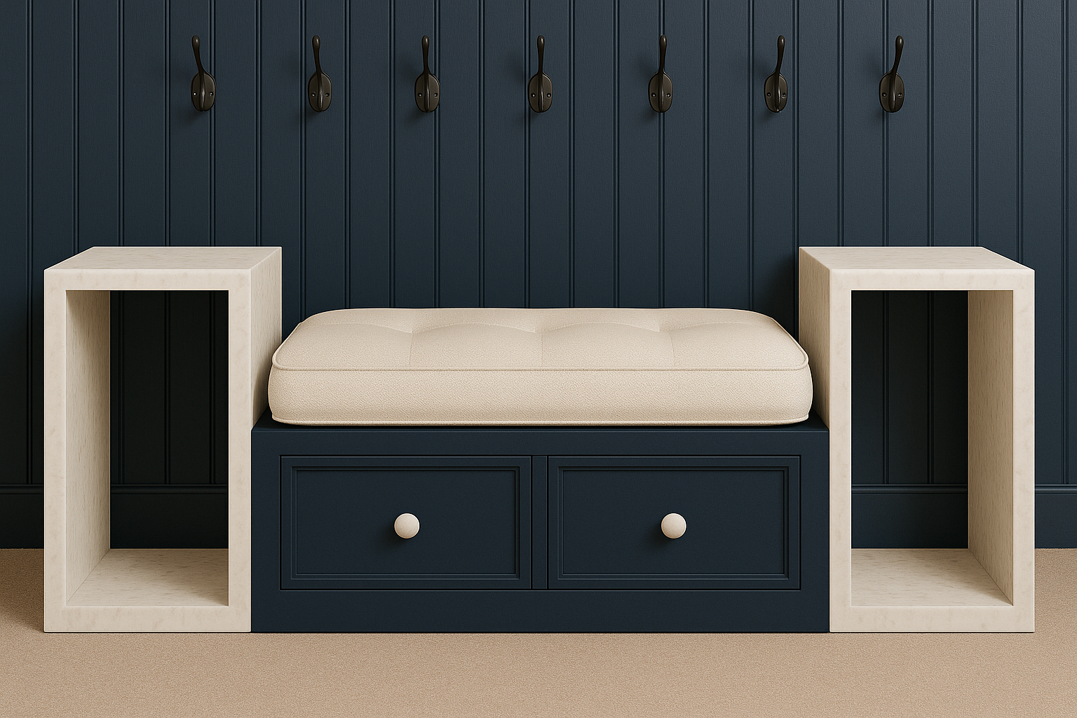 minimalist mudroom with bench, storage cabinet, custom quartz end tables, beadboard and brass coathooks