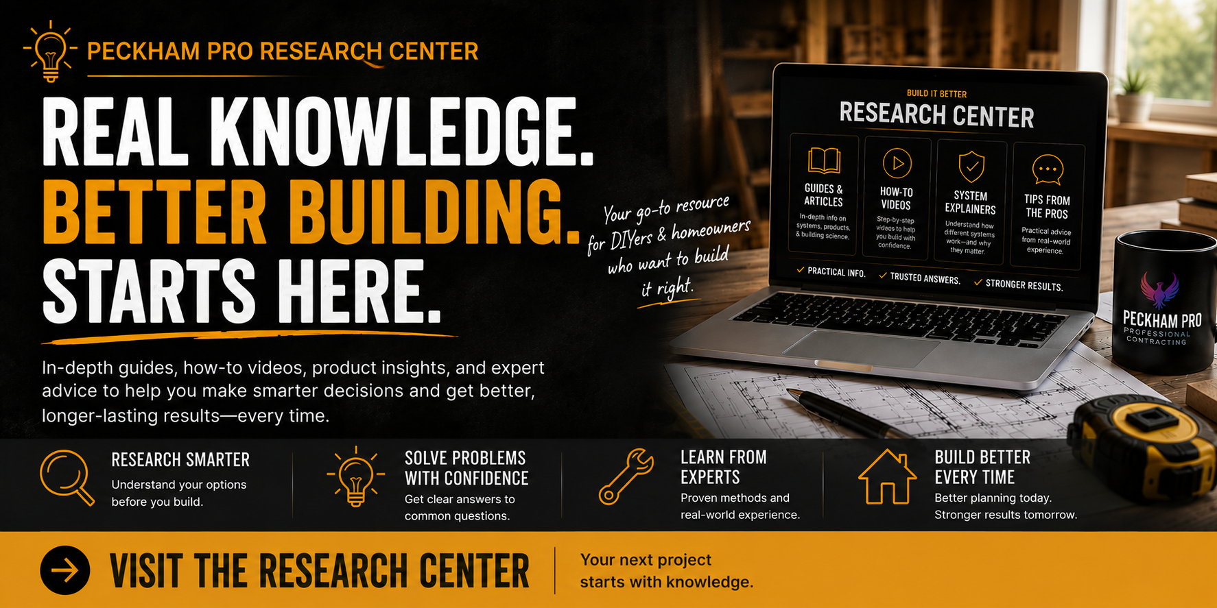 Peckham Pro research Center banner promoting expert renovation advice, building knowledge and product research for homeowners.