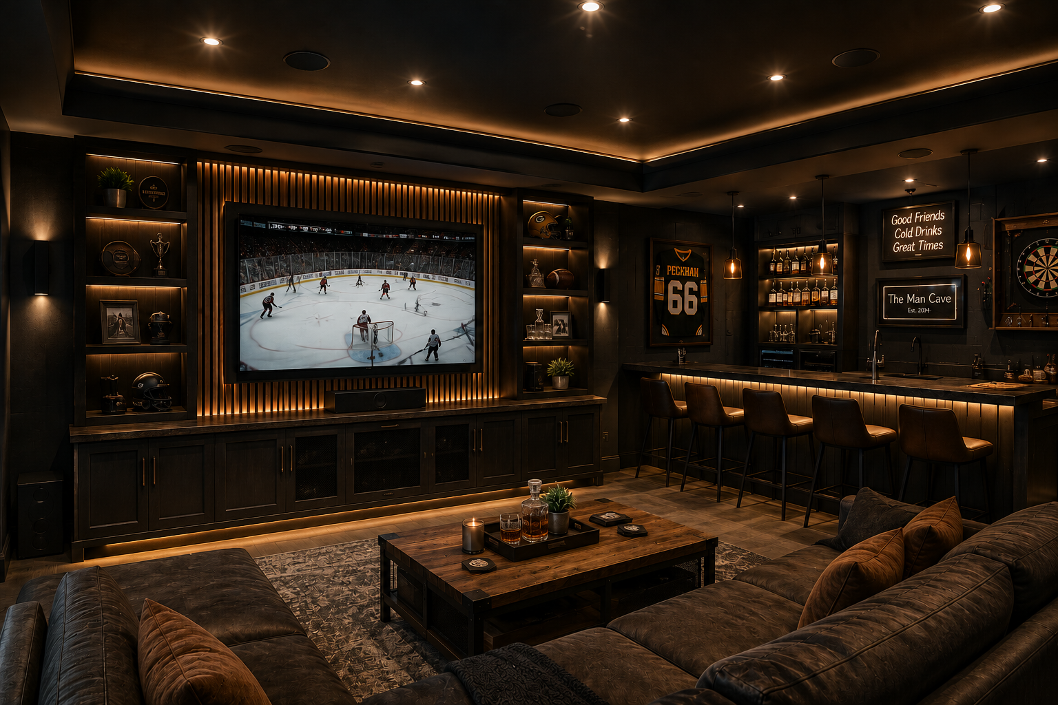 This representation shows a warm  and relaxing luxurious rec-room that features a large screen tv, custom cabinetry and wetbar, mood and accent lighting and a recessed ceiling