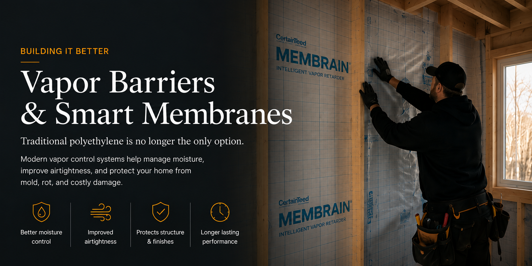 Contractor installing a modern vapor control membrane on a ceiling as part of a high-performance wall and ceiling system for improved moisture management and energy efficiency.