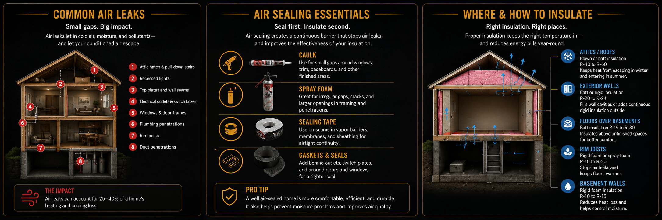 Educational infographic identifying common household air leaks, essential air sealing techniques, and recommended insulation locations to improve comfort, energy efficiency, and long-term home performance.