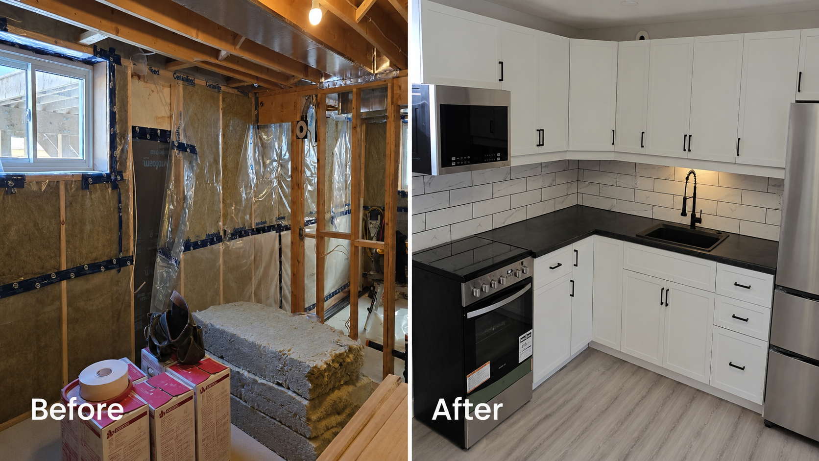 Before and after basement kitchen installation featuring custom cabinetry, updated countertops, tile backsplash, modern fixtures and improved functionality.