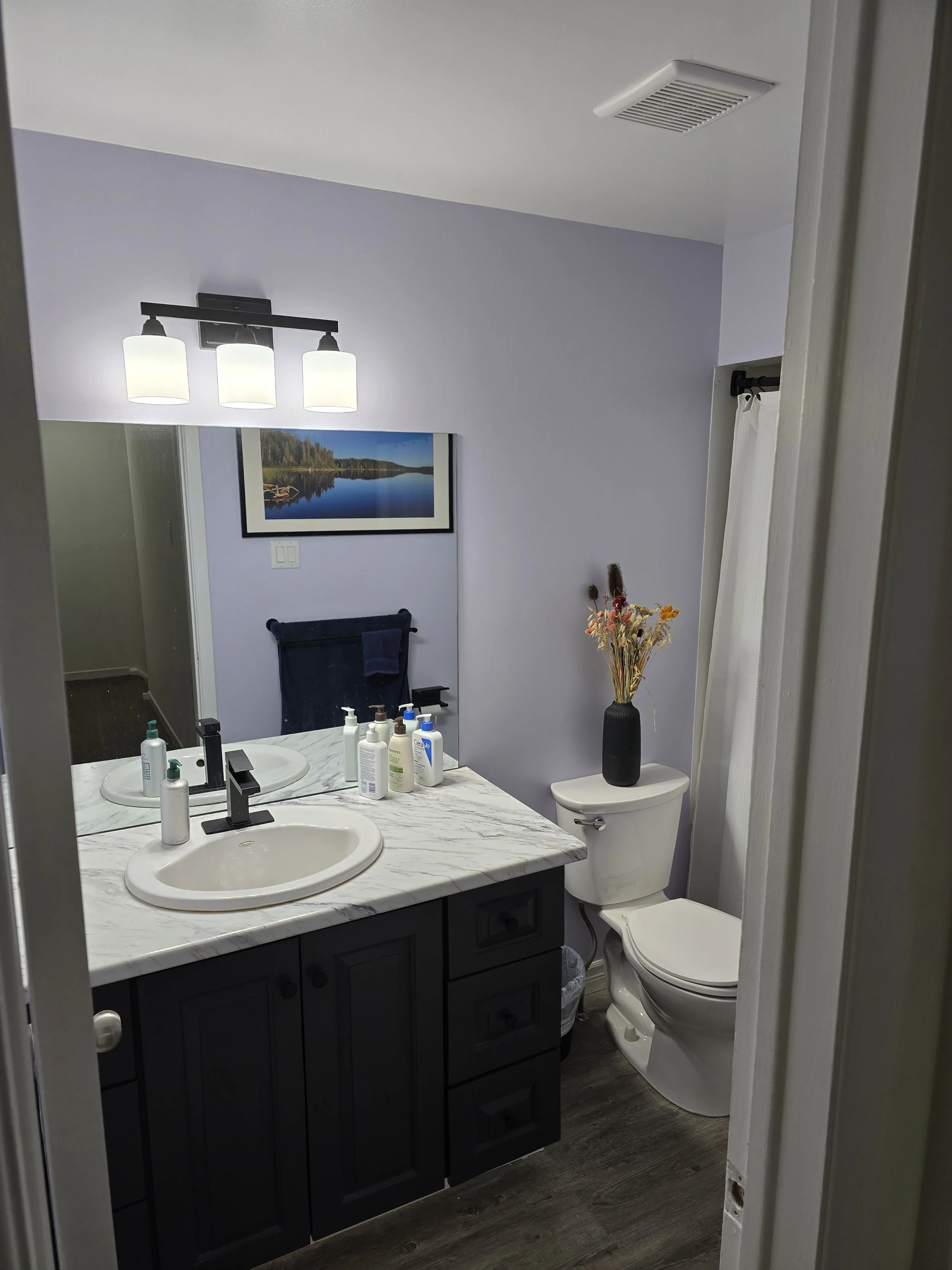 Finished bathroom renovation in London, Ontario featuring a restored vanity, new luxury vinyl flooring, upgraded exhaust fan, fresh moisture-resistant paint, and modern black fixtures by Peckham Professional Contracting.