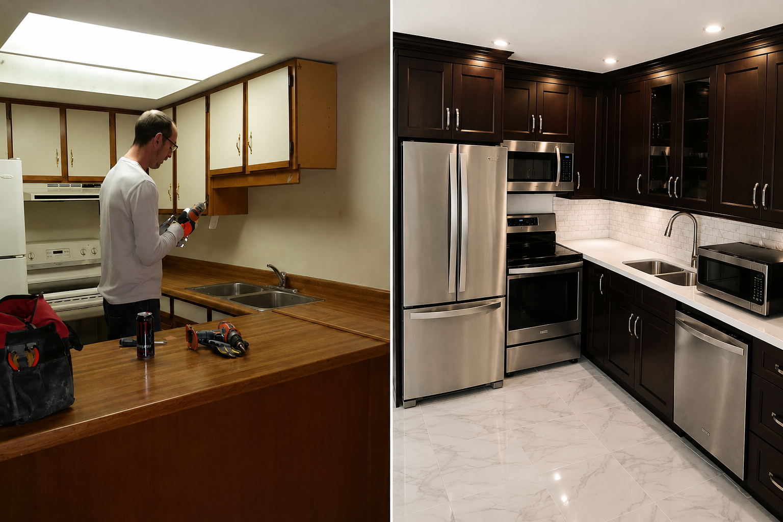 Comparison of a kitchen before and after renovation, showing an outdated kitchen on the left and a modern kitchen on the right.