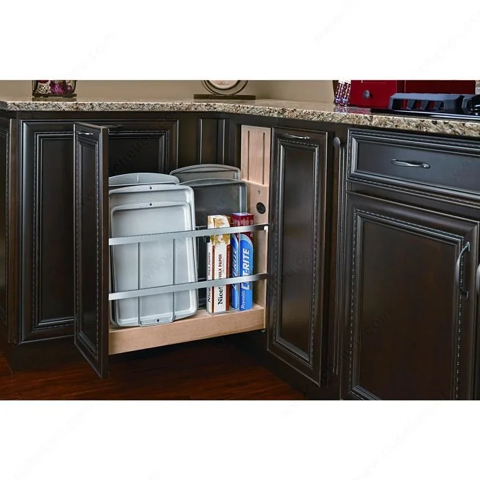 this picture displays a lower kitchen cabinet with baking sheet organizer