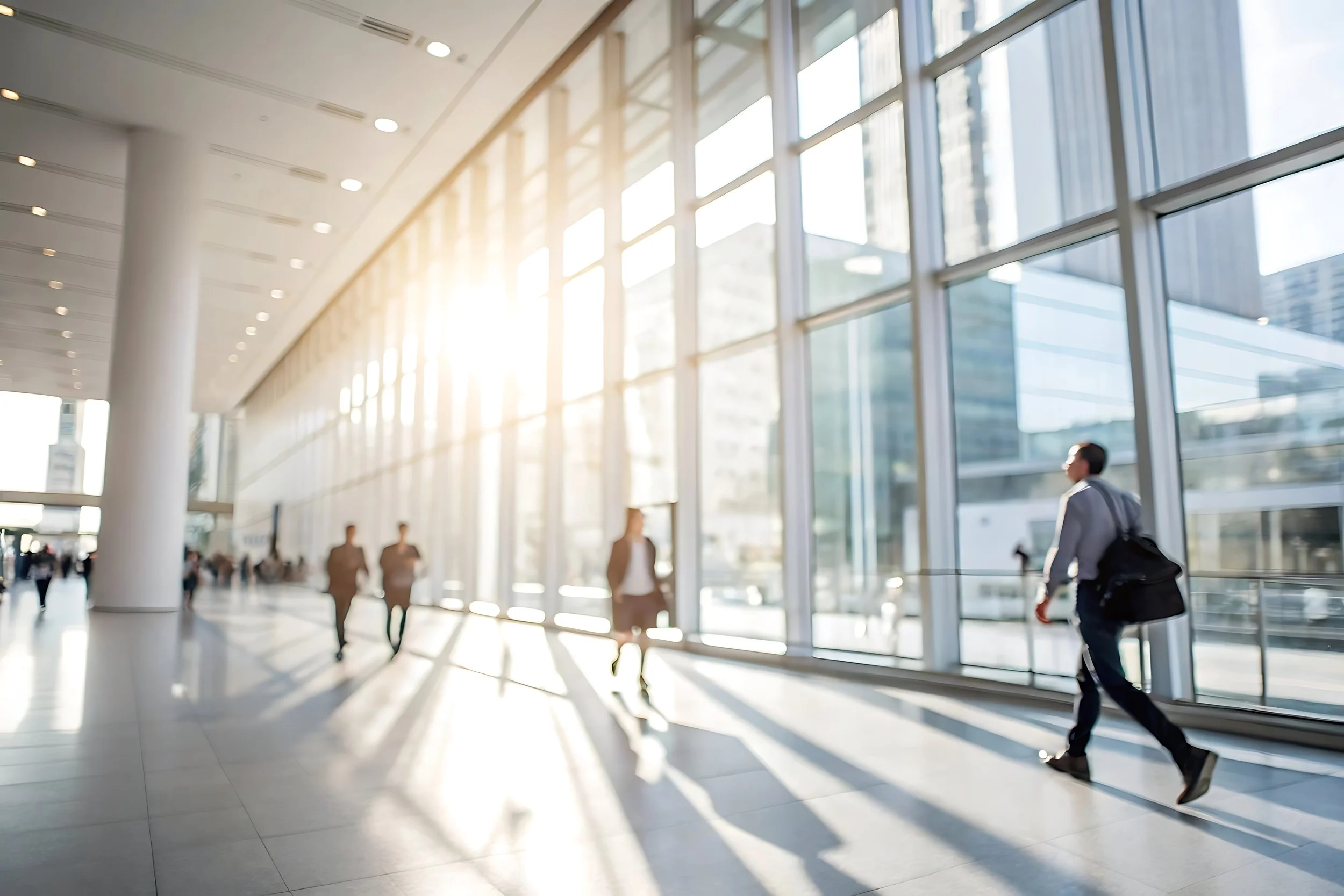 People walking through a modern, bright airport terminal with large glass windows and sunlight streaming in.