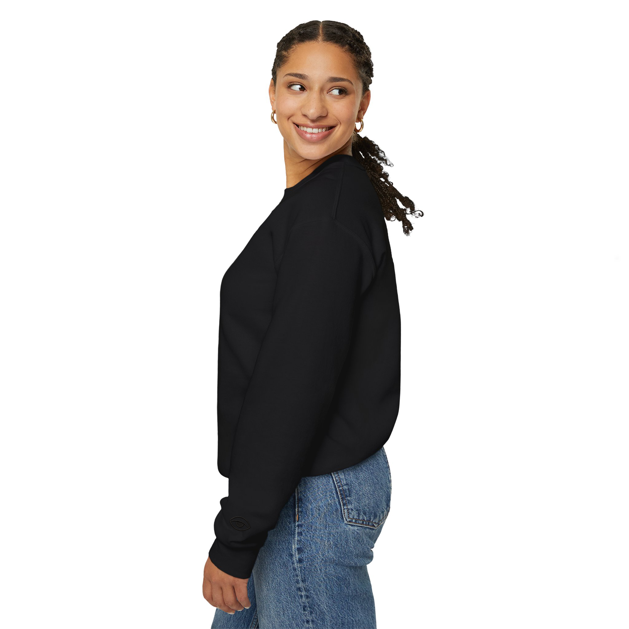 Black embroidered Sovereign Human Being sweatshirt, side profile on model smiling