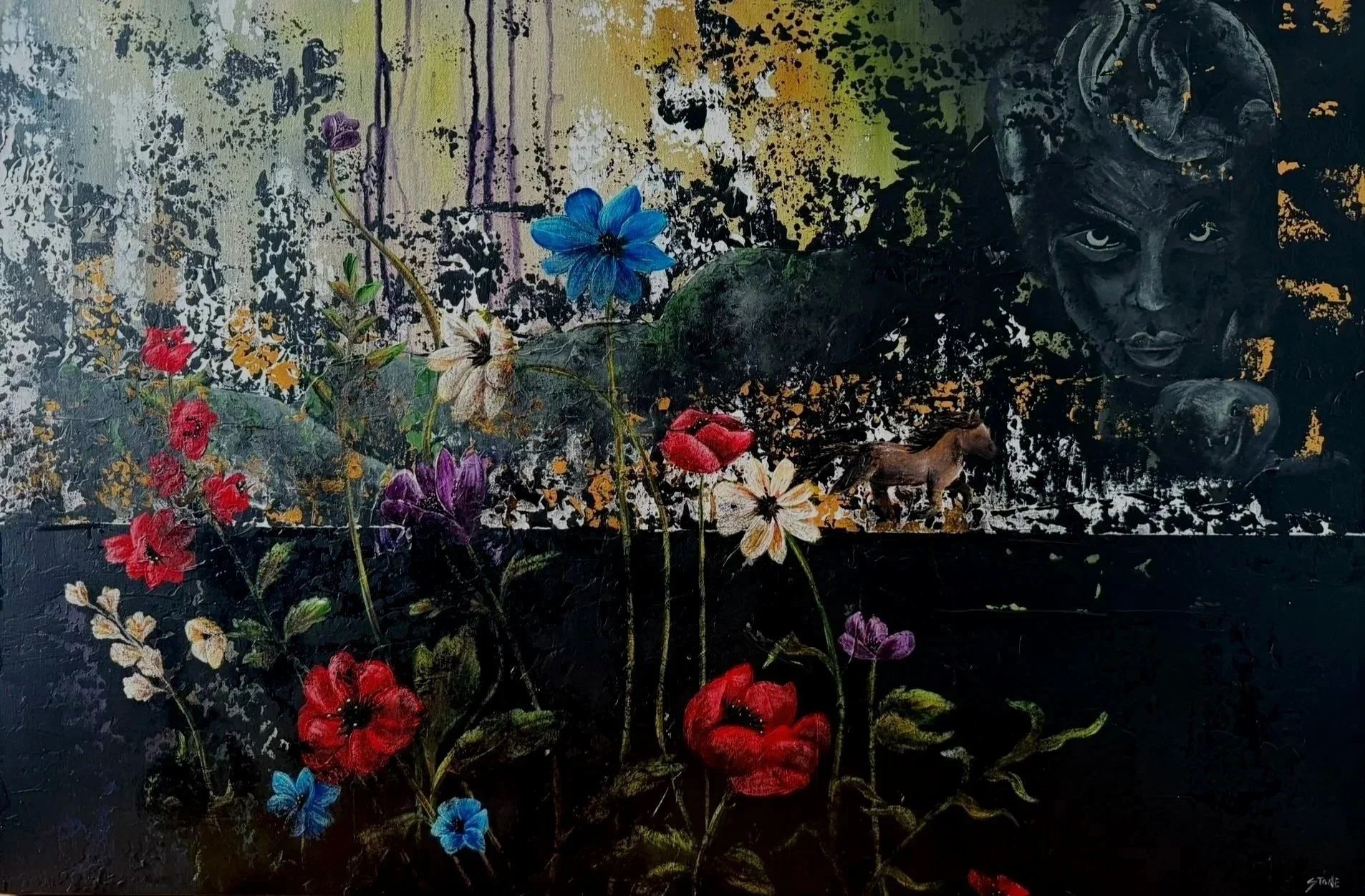 "The Burial" portrays the intentional act of letting go of what no longer serves.
From the grave, flowers emerge which represents growth born directly from loss. 

This is not a scene of mourning, but of transformation. The burial is sacred, delibera