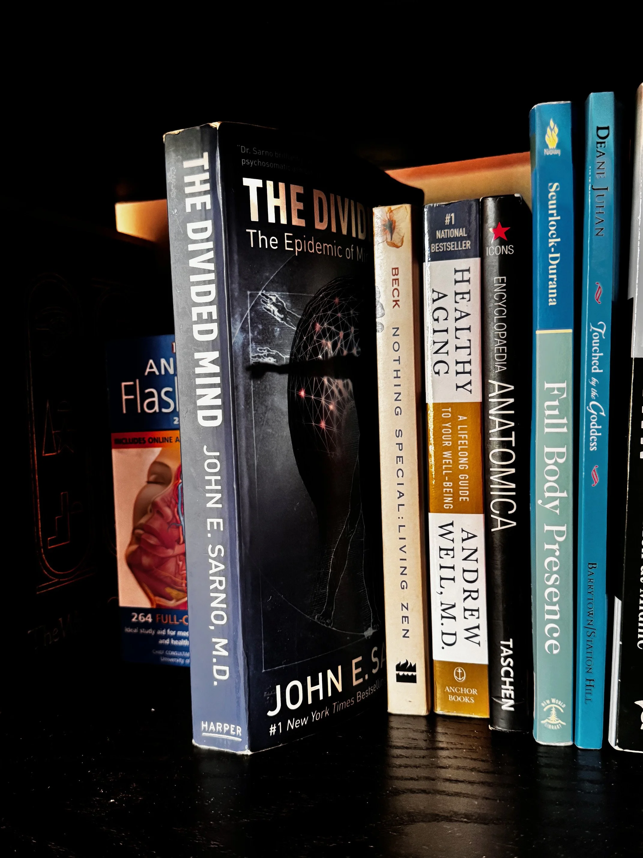Bookshelf with various health and wellness books, including 'The Divided Mind' by John E. Sarno.