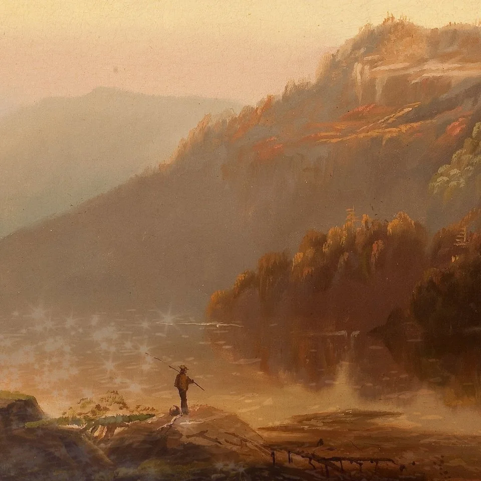 Painting of a person fishing near a body of water with mountainous landscape and warm, golden light.