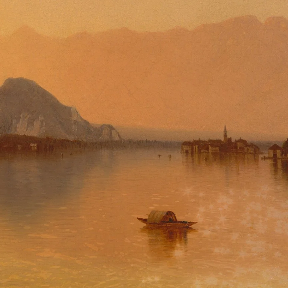 Landscape painting of a serene sunset over a lake with a small boat in the foreground and distant town and hills.