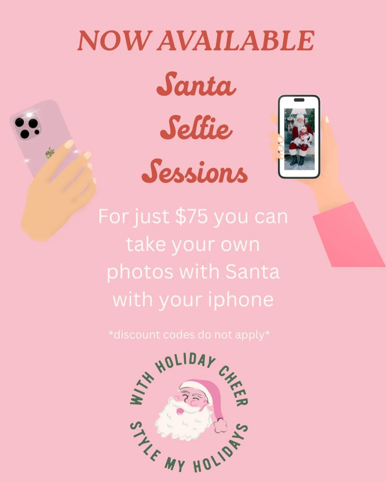 SANTA SELFIES are now available for Dec 6, 7 &amp; 13!

Take your own photos for an economical option to see Santa for just $75! Our team will happily snap one of your family too on your device!

Limited spots available now on our website!