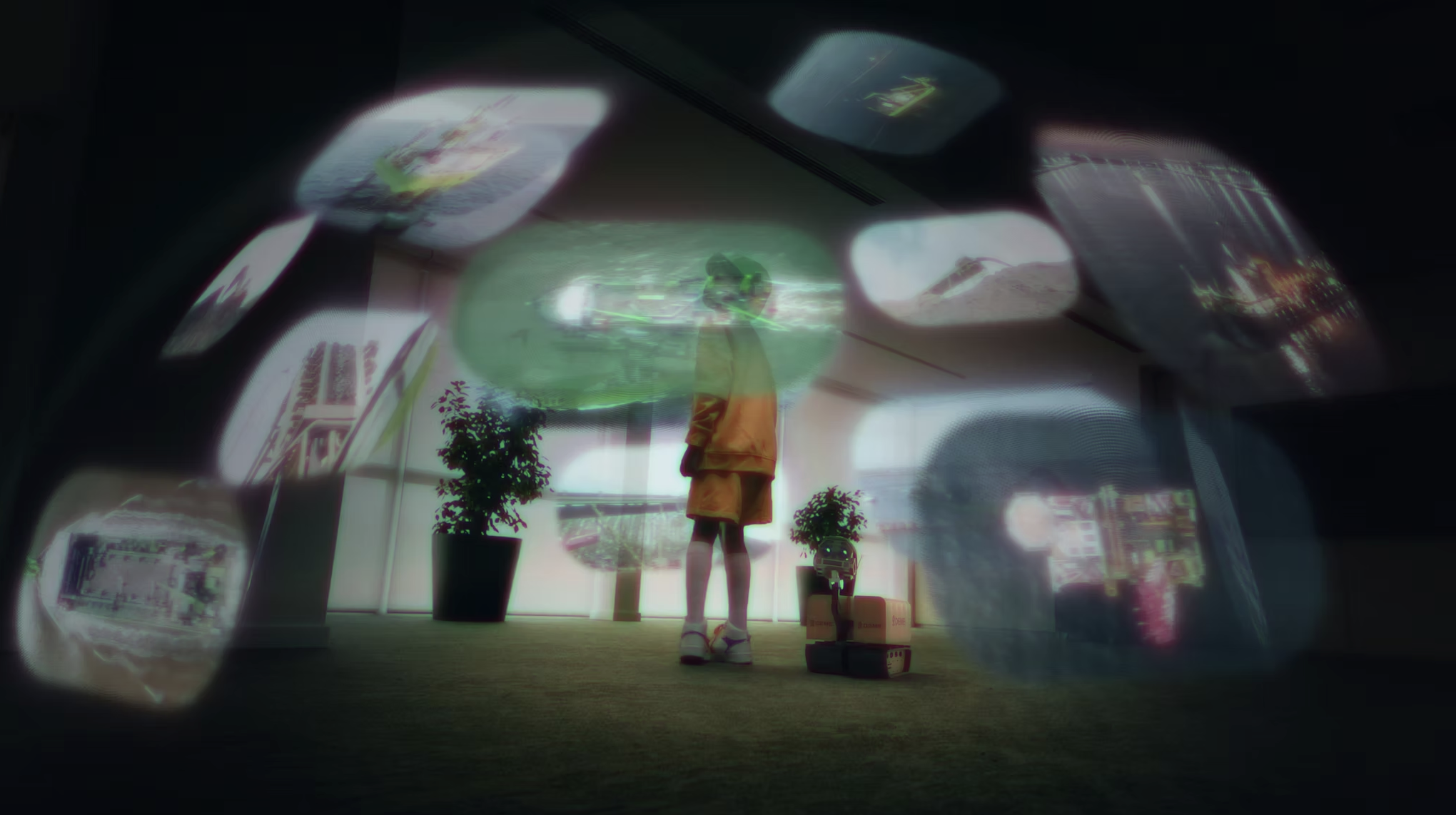 A person standing inside an airport or modern building, seen through a blurry, abstract reflection or window, with various screens and plants in the background.