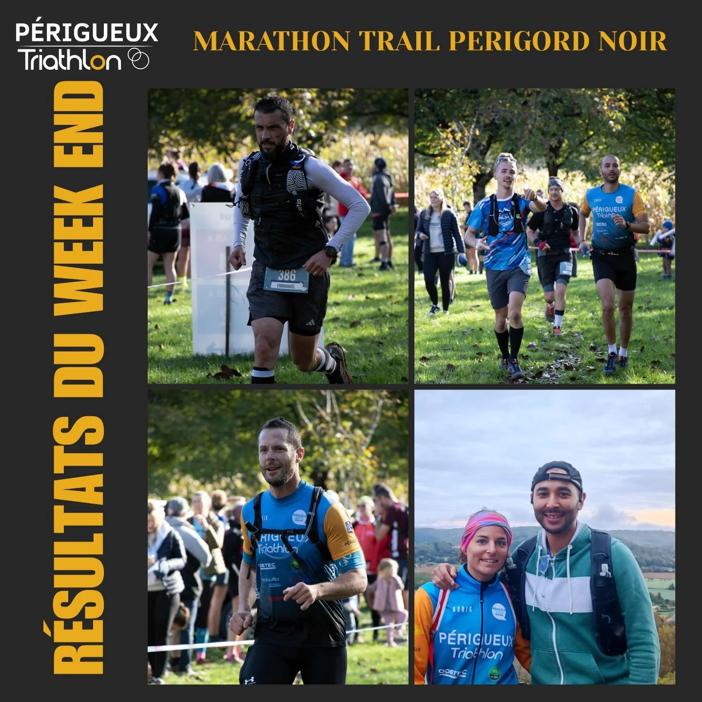 📢 R&eacute;sultats du week-end :

Marathon Trail du P&eacute;rigord Noir : D&eacute;part de Domme, puis passage par Castelnaud, Beynac, Les Milandes avant de rejoindre Belv&egrave;s, un trac&eacute; exigeant au c&oelig;ur du P&eacute;rigord noir. 

