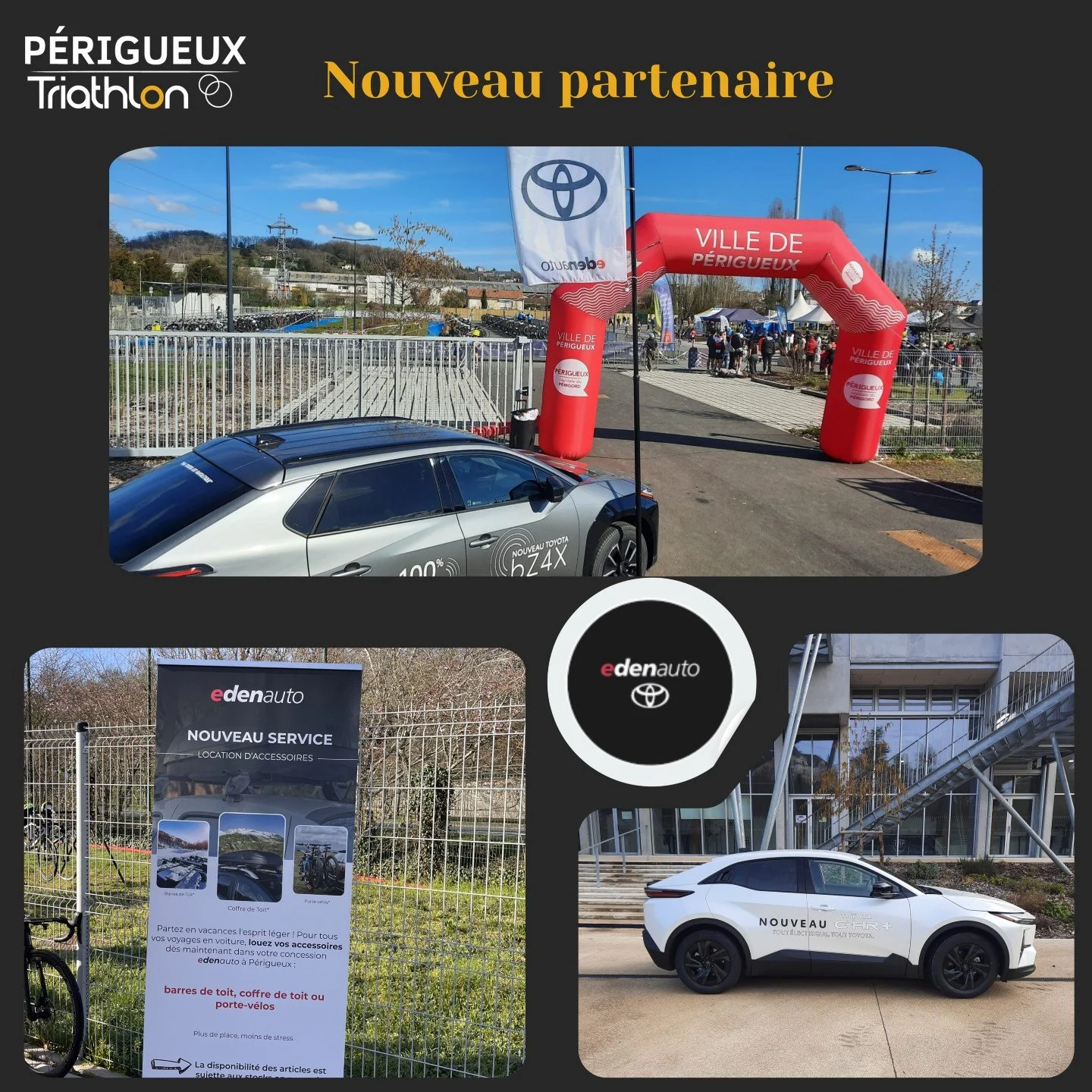 Nouveau Partenaire du Club ! 

Le club de triathlon de P&eacute;rigueux est fier d&rsquo;annoncer l&rsquo;arriv&eacute;e d&rsquo;un nouveau sponsor &agrave; nos c&ocirc;t&eacute;s 🤝 
Nous souhaitons la bienvenue &agrave; @edenauto.toyota au 192 rout