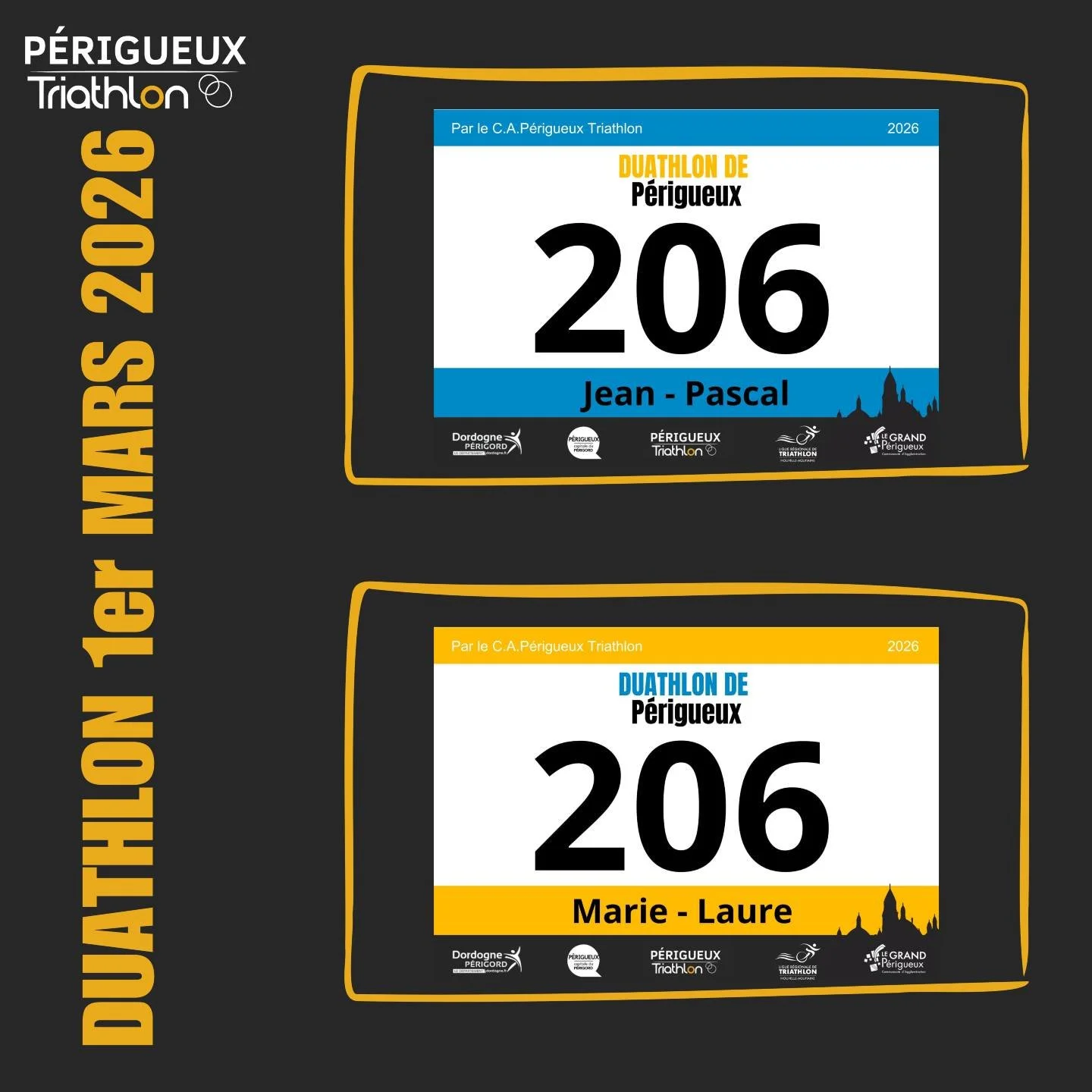 ⏰ Le compte &agrave; rebours ! 🔥 

Tu as jusqu&rsquo;au 19 f&eacute;vrier pour t&rsquo;inscrire au Duathlon et, comme Jean-Pascal et Marie-Laure, avoir TON pr&eacute;nom sur le dossard 🤩 

Imagine la ligne de d&eacute;part, ton nom affich&eacute;, 