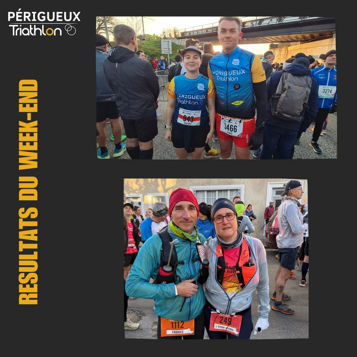 📣R&eacute;sultats du week-end :

Bravo &agrave; Marianne Bechou 1h52&rsquo;43 et Thomas Laurier 1h50&rsquo;20 sur le semi-marathon de La Rochelle ! 🏃&zwj;♂️🏃&zwj;♀️

💥 Sur le Marathon Trail du P&eacute;rigord Blanc, le CAP P&eacute;rigueux Triath