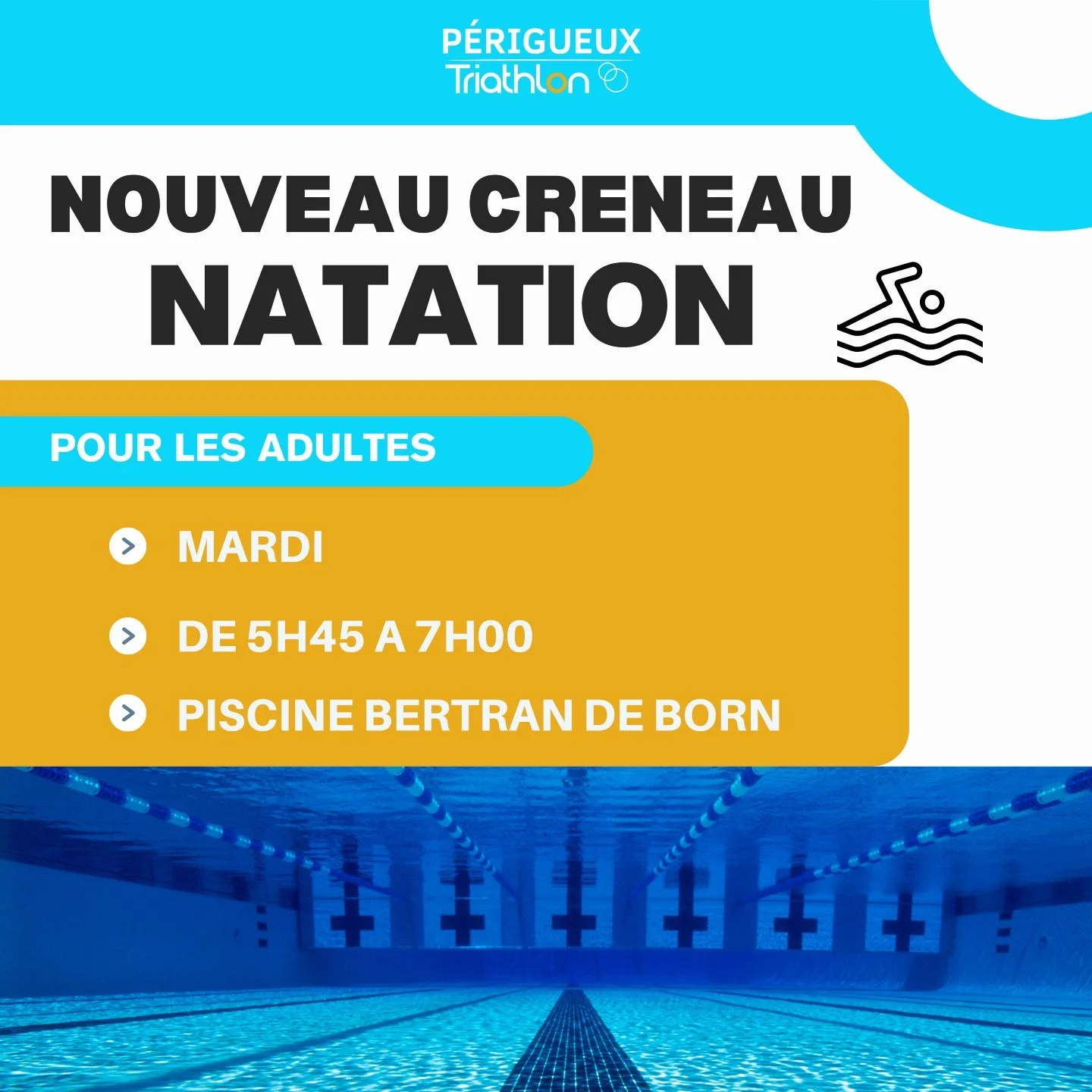 &Agrave; partir du mois prochain, le club b&eacute;n&eacute;ficiera d&rsquo;un nouveau cr&eacute;neau piscine uniquement pour les adultes licenci&eacute;s. 

🕔 Mardi matin de 5h45 - 7h00 

Ce cr&eacute;neau permettra d&rsquo;optimiser la pr&eacute;p
