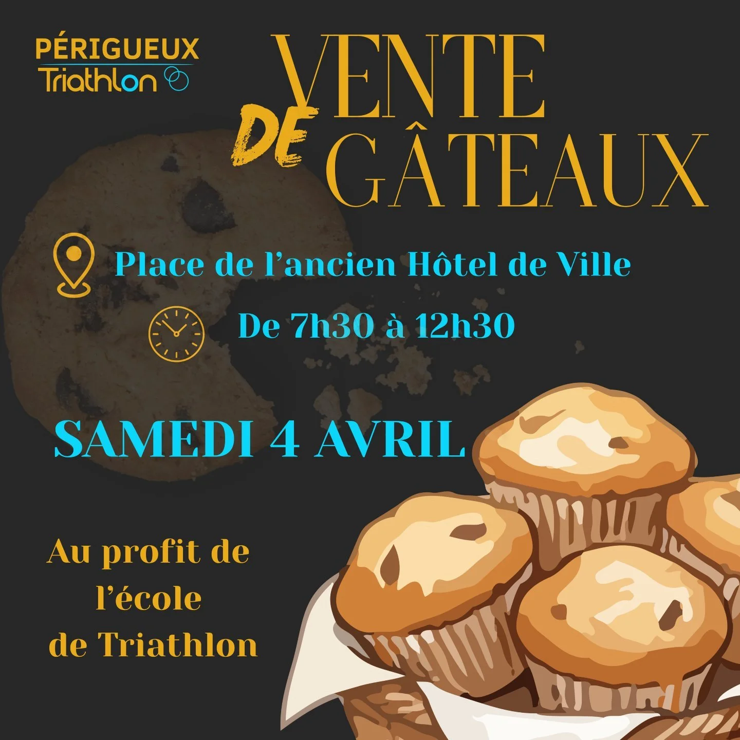 🍰 Vente de g&acirc;teaux :

Rendez-vous le samedi 4 avril sur le march&eacute; de P&eacute;rigueux 
📌 Place de l&rsquo;ancien h&ocirc;tel de ville
🕢 De 7h30 &agrave; 12h30

Venez nous voir et vous faire plaisir tout en soutenant l&rsquo;&eacute;co