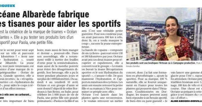 Coup de projecteur sur Oc&eacute;ane ! 

Notre club est fier de soutenir Oc&eacute;ane Albar&egrave;de, licenci&eacute;e chez nous et fondatrice de sa marque &laquo;&nbsp;Oc&eacute;ane de plantes&nbsp;&raquo;  sp&eacute;cialement pens&eacute;es pour 