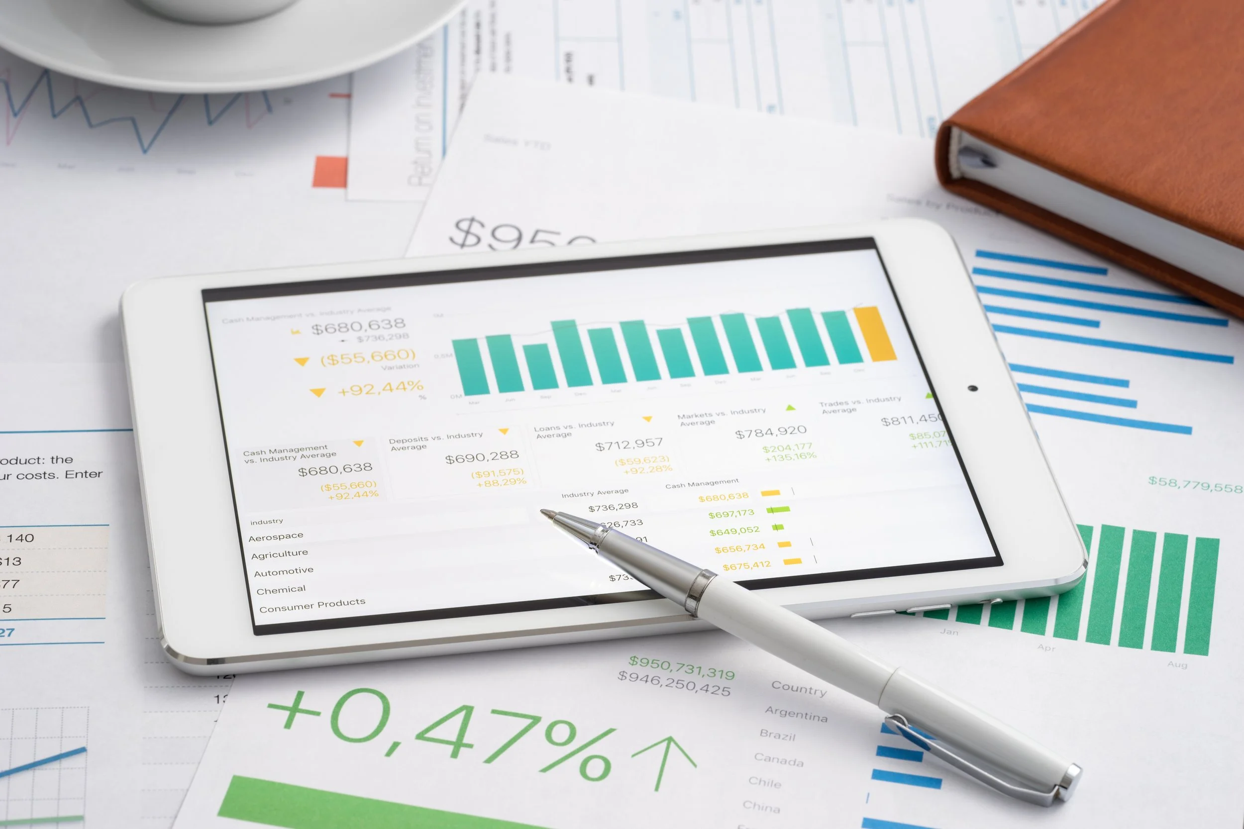 A tablet displaying financial charts and data, with a silver pen resting on it, surrounded by printed financial reports, a brown notebook, and a partially visible white cup.