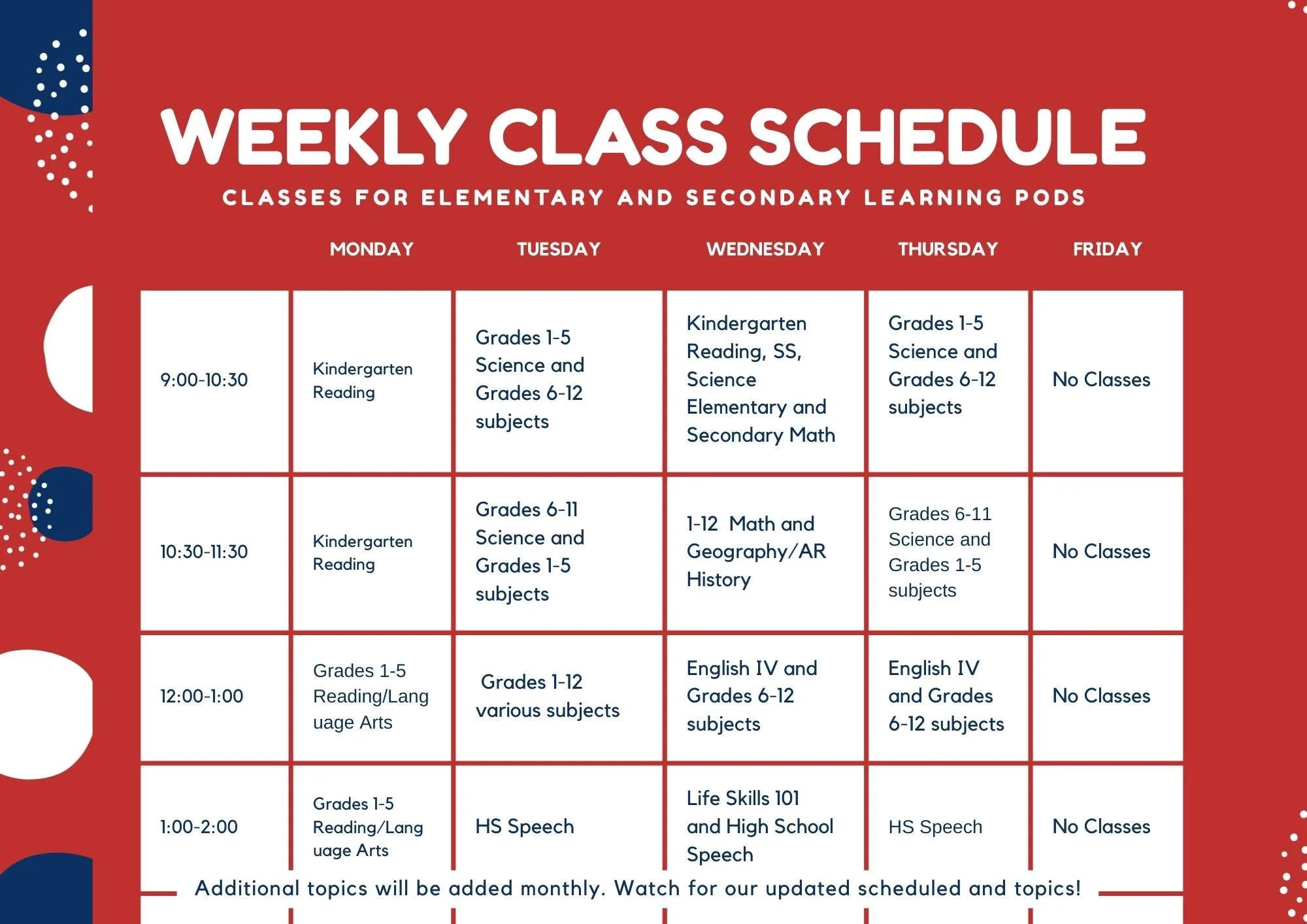 Spring Harrison Learning Pod Schedule:  January-April 
January Field Trip:  Harrison Cinema private showing of David
February TBD
March:  Student Project presentations
April TBD