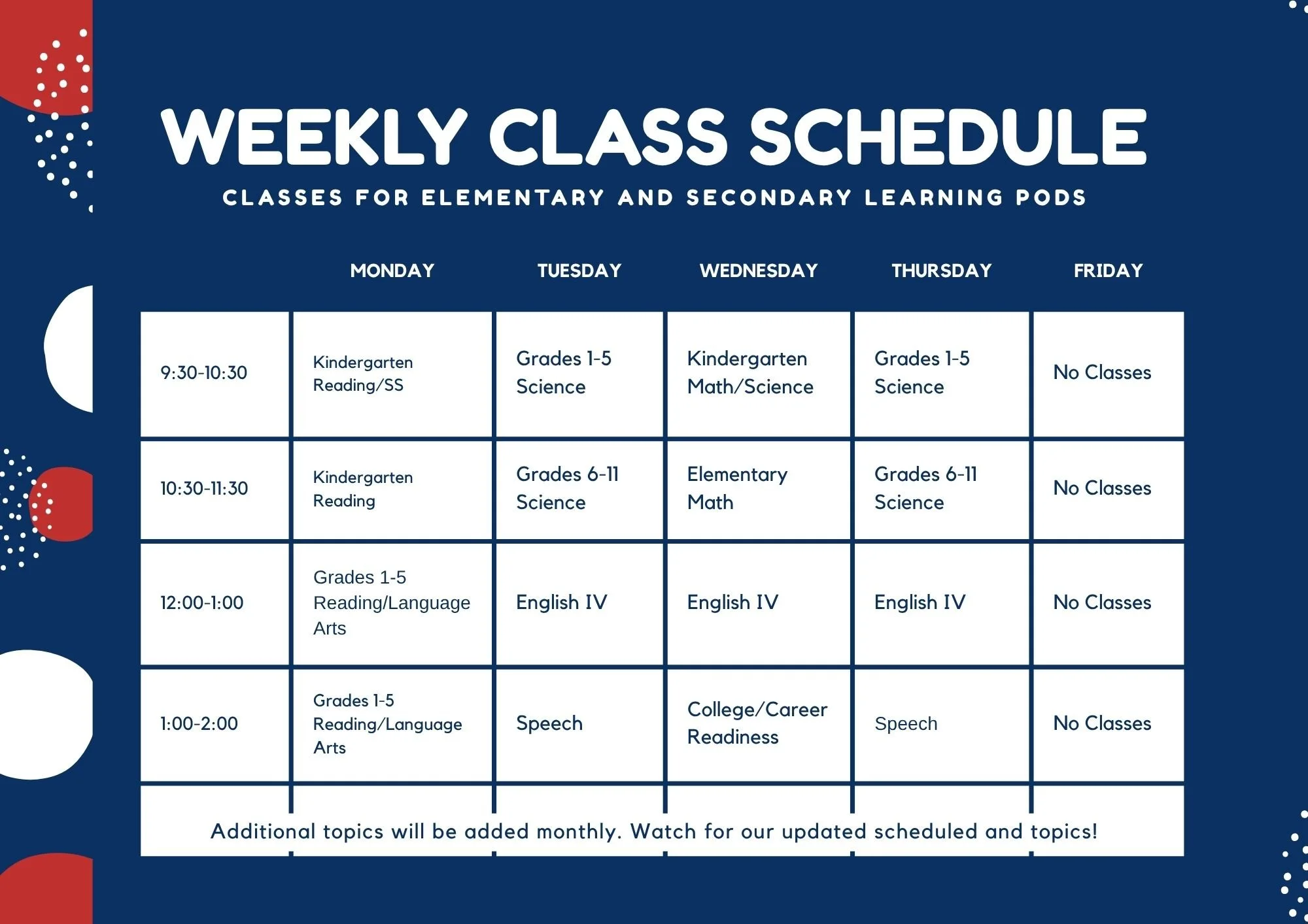 We have updated our Harrison learning pod information to reflect some changes that were made in scheduling and pricing. This is the current pod schedule.  The registration link is below along with links to updated billing and frequently asked questio
