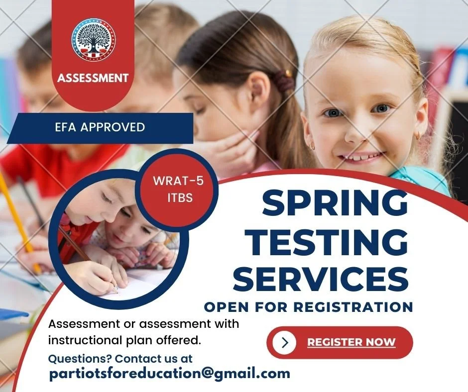 Good afternoon! Our non-profit is excited to offer achievement testing services for families to meet the EFA LEARNS requirements or are just wanting to check the yearly progress of their children.

We currently administer the WRAT-5 and proctor the I