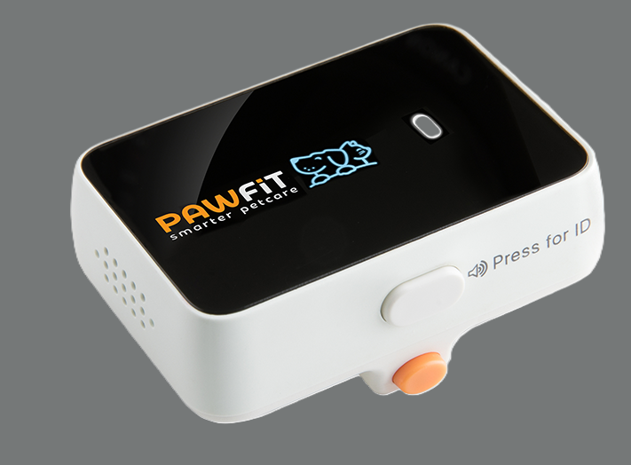 Pawfit GPS dog tracker with a white body, black glossy top, orange button and “Press for ID” feature, designed to attach to a dog’s collar for tracking and pet safety.
