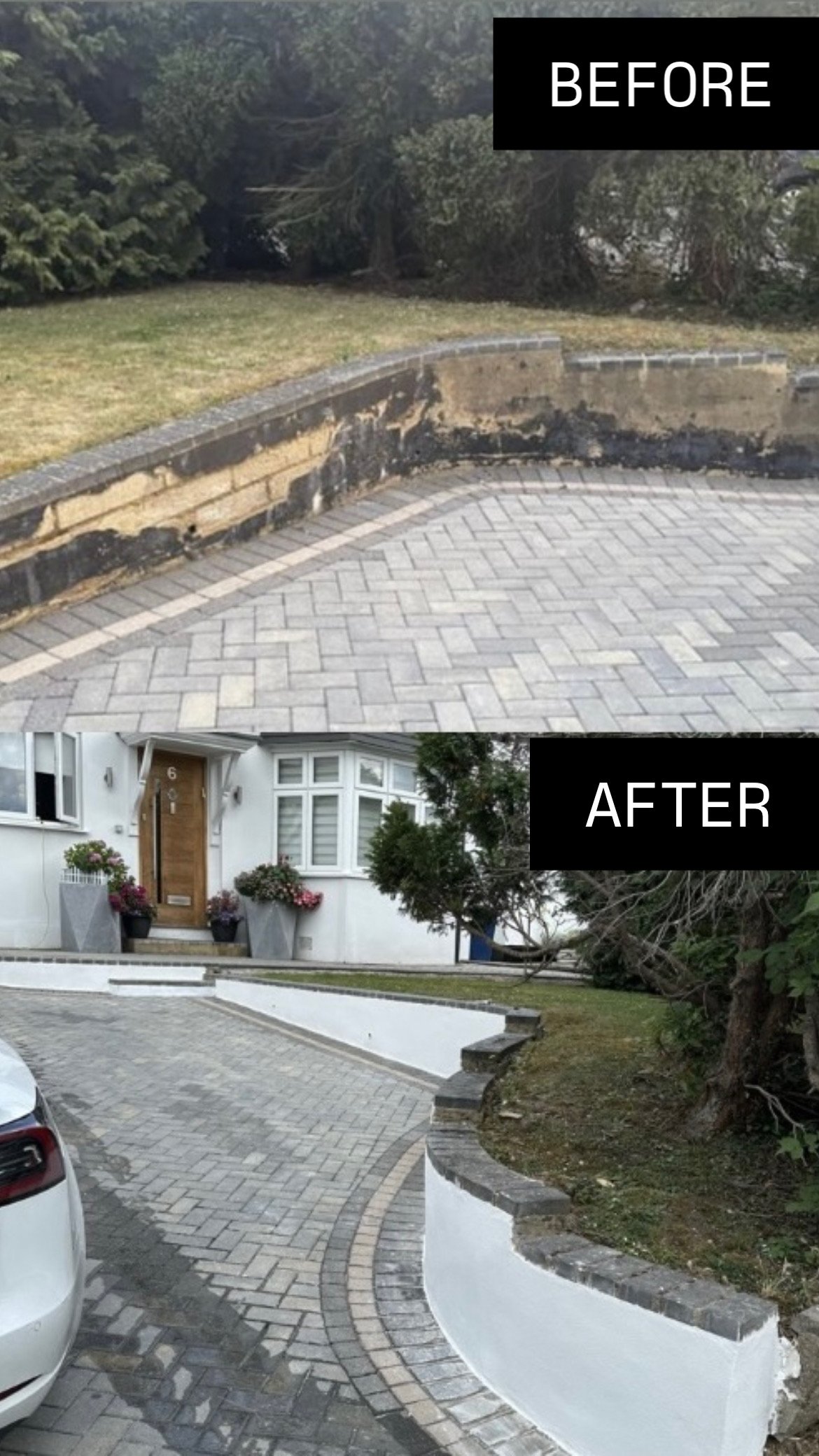 Freshly rendered white retaining wall and front entrance completed by Shiny Rendering Ltd, professional exterior rendering services in London.