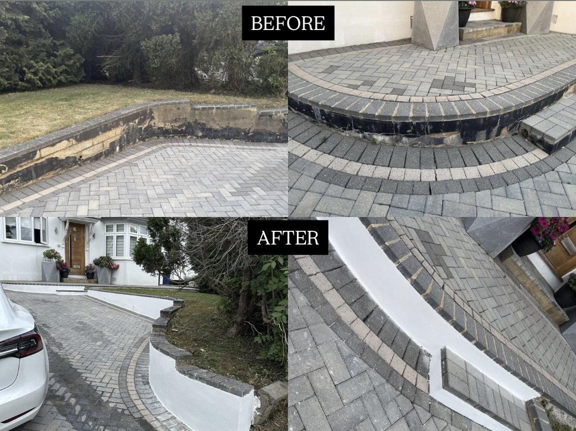 Before and after waterproof rendering project by Shiny Rendering Ltd showing the restoration of damaged external retaining walls with a new smooth weatherproof render finish in London.
