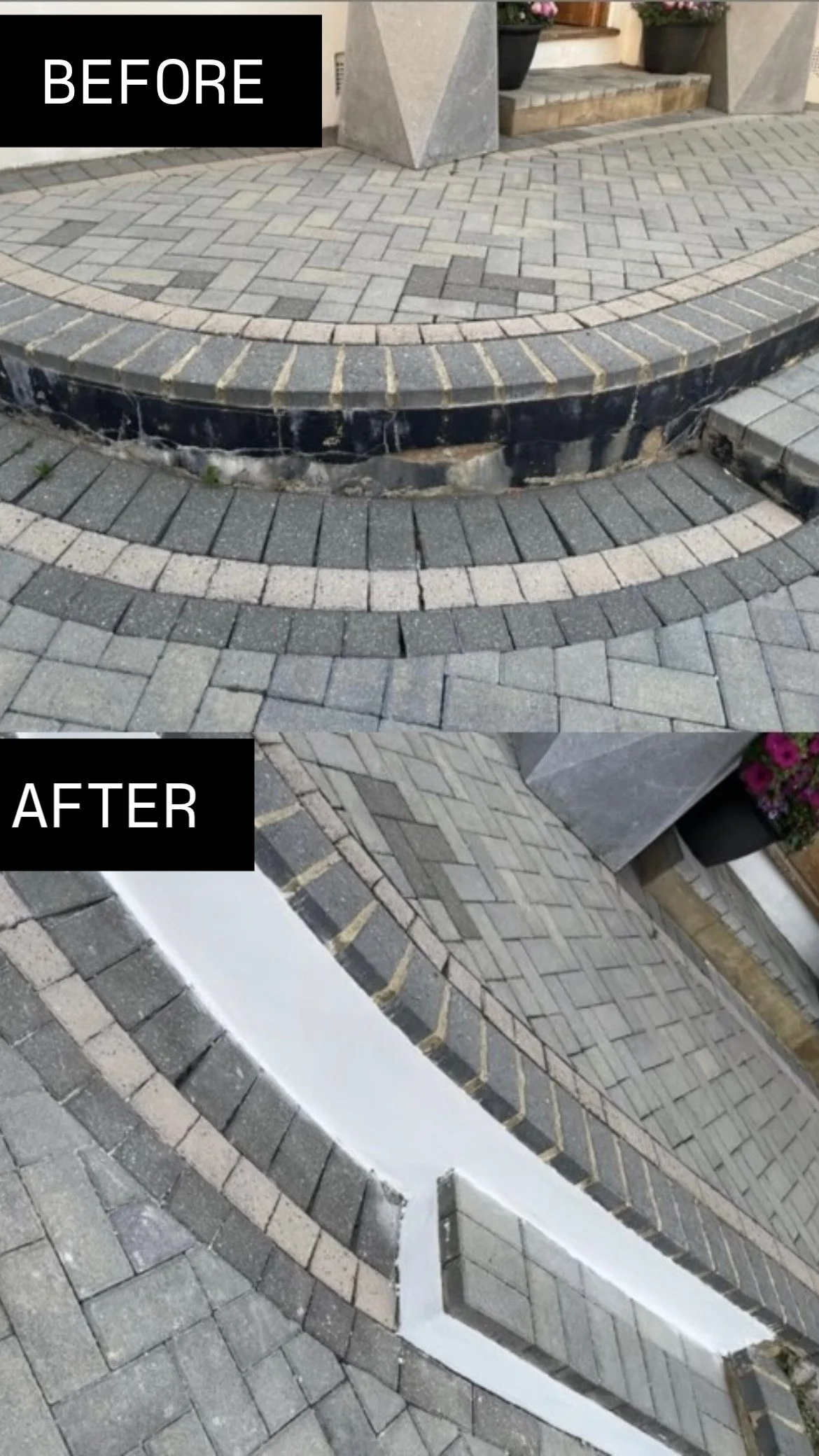 Before exterior wall rendering repair showing damaged rendered retaining wall and entrance at a residential property in London.