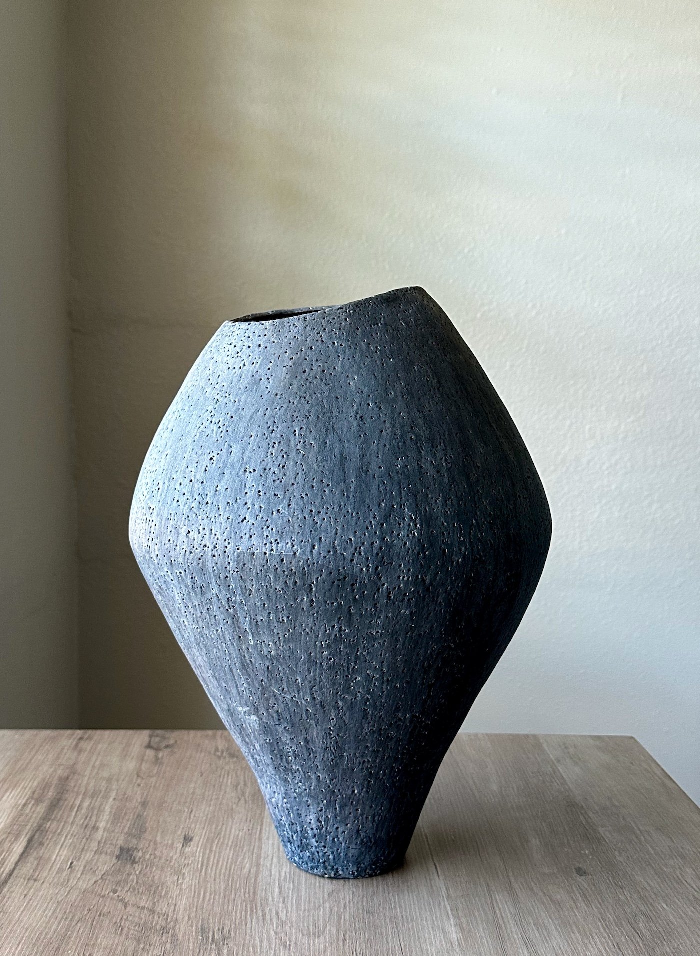 Untitled #6. Hand built stoneware with underglaze, glaze and paint. Height 14 in. Diameter 10.8 in.