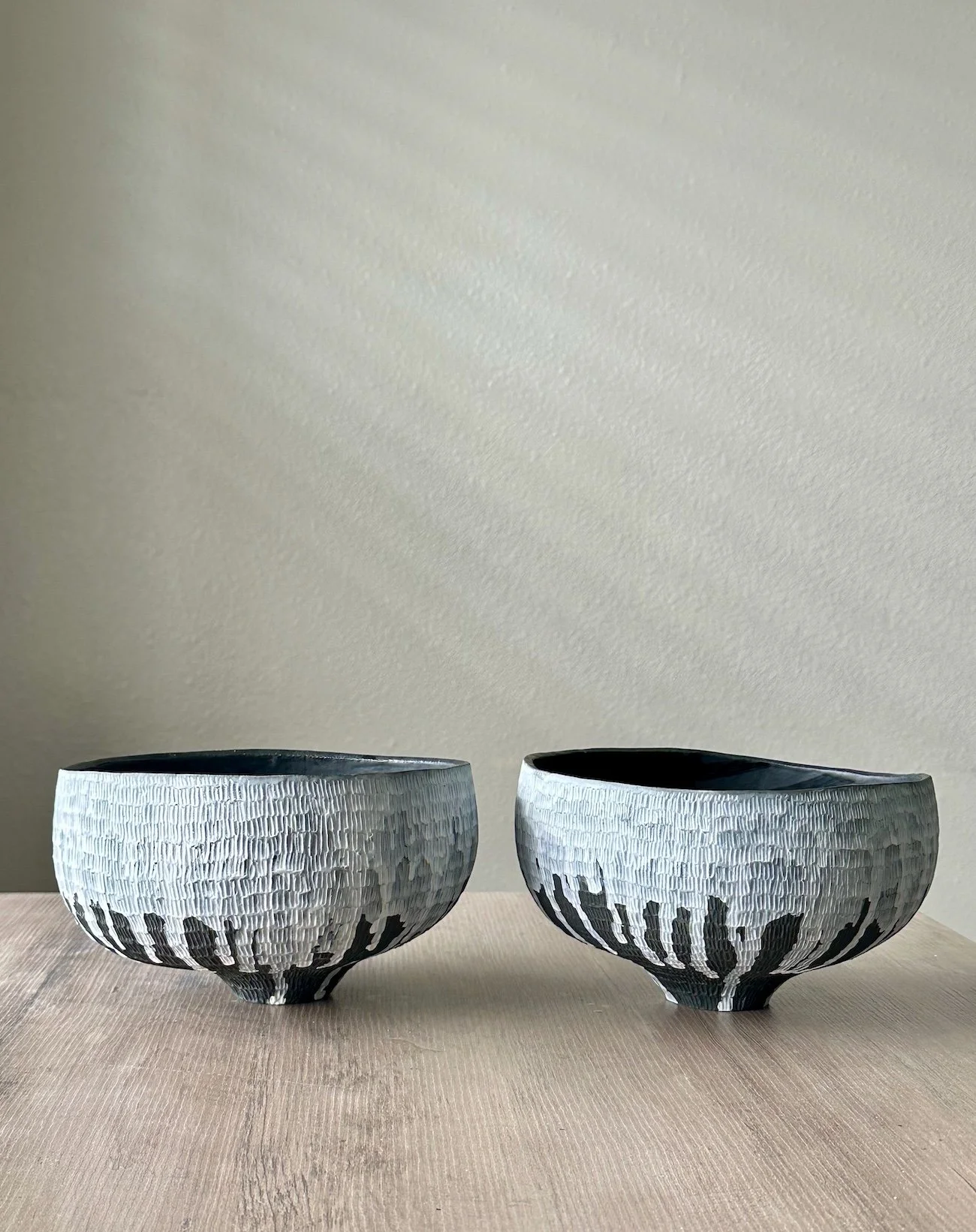 Untitled bowl forms #5. Hand built stoneware with glaze and engobes. Height 4.5 in. Diameter 7 in.