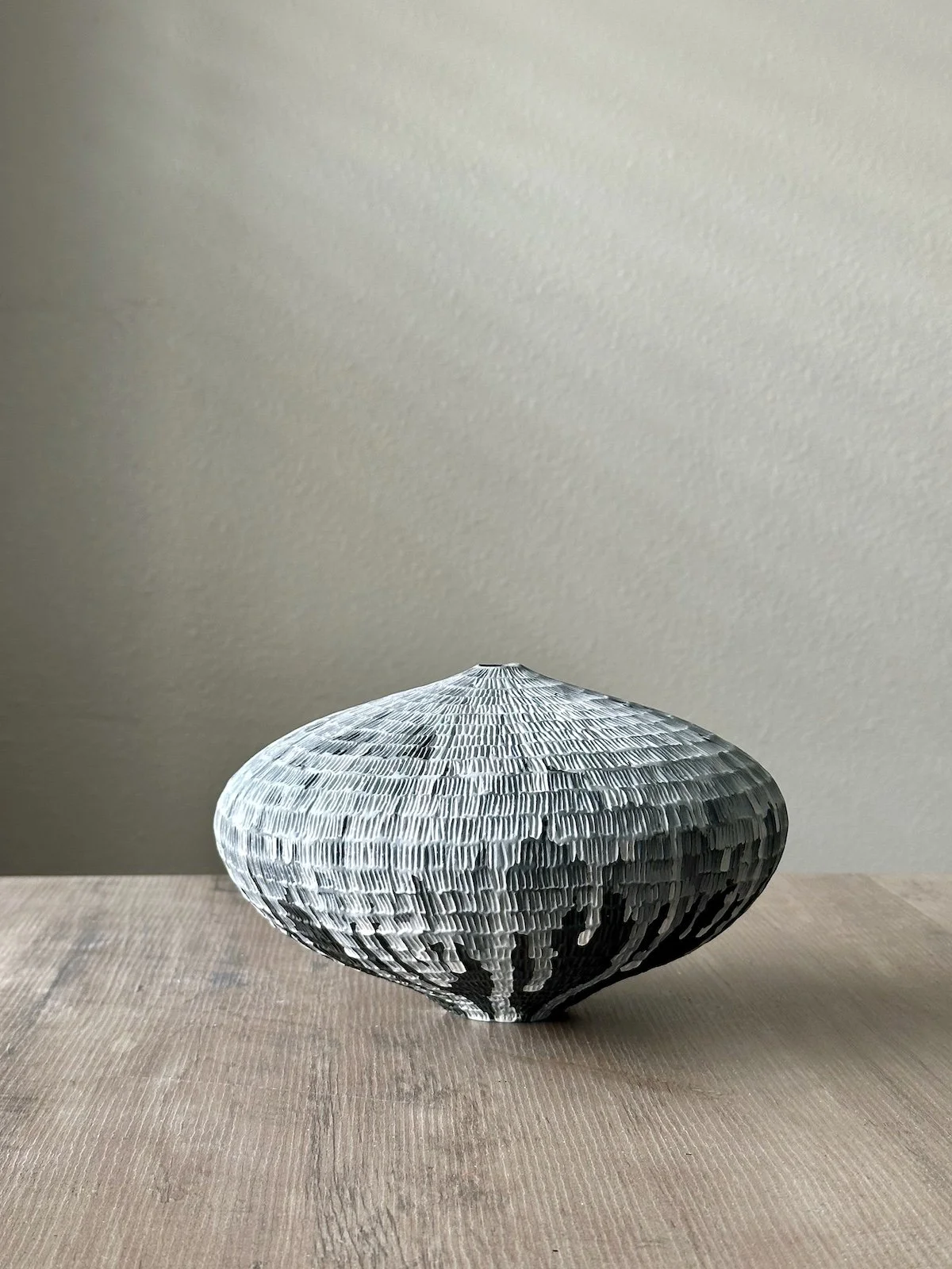 Untitled low bulb vessel #1. Hand built stoneware with engobes. Height 5 in. Diameter 9 in.