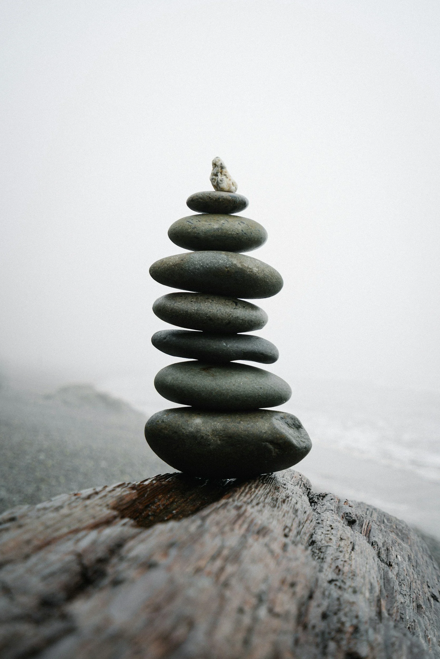 Stacked smooth stones on weathered driftwood with foggy beach in background.